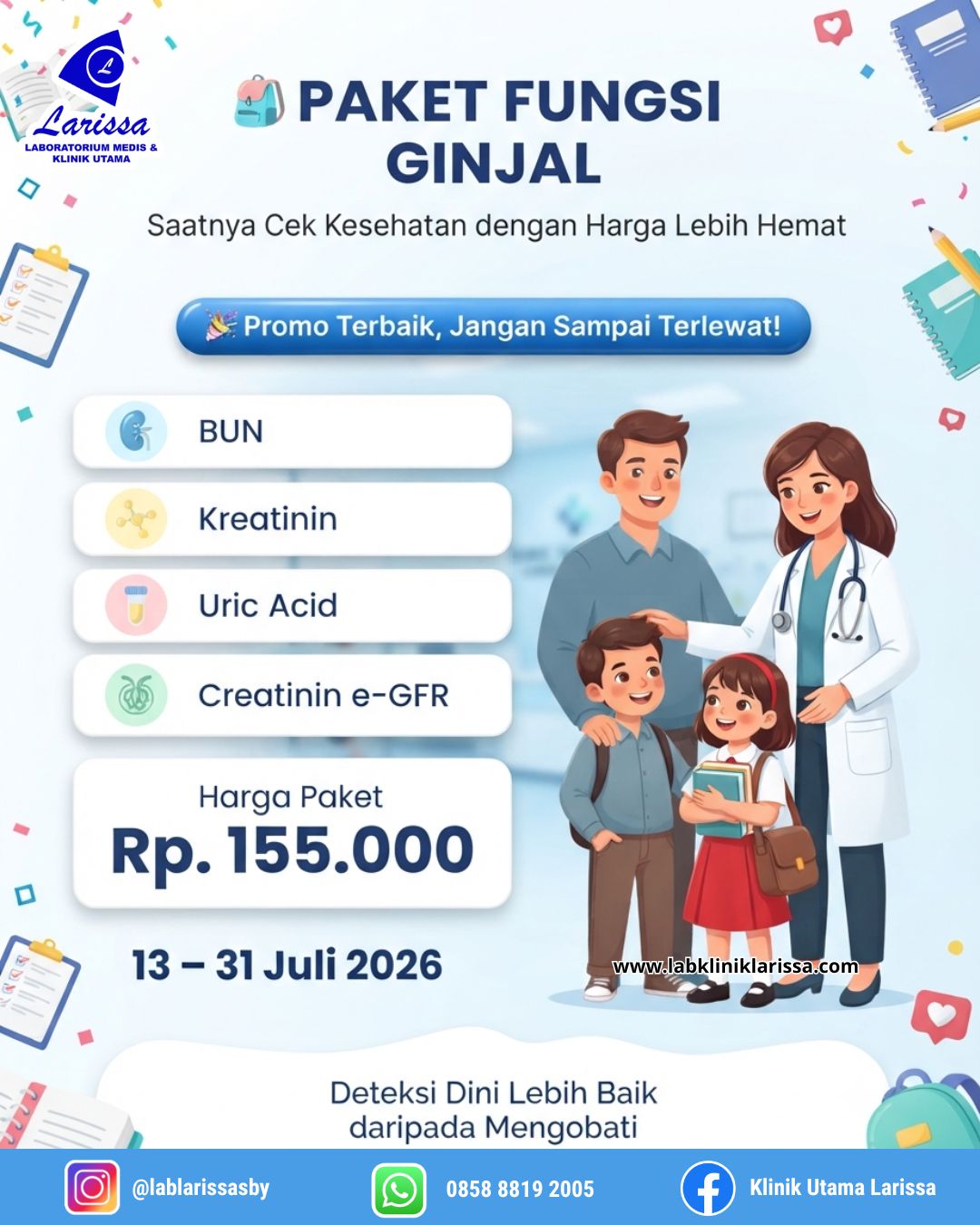 Paket Fungsi Ginjal — BUN, Kreatinin, Uric Acid, e-GFR — Rp 155.000
